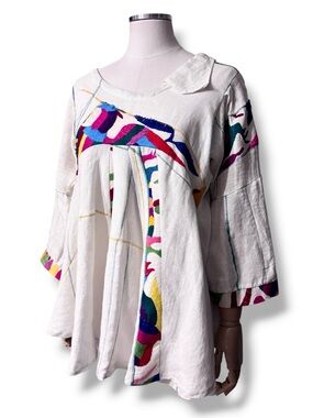 VINTAGE Handmade Embroidered Patchwork Boho Peasant Top Asymmetrical Collar
